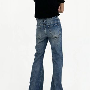 Men's High-Waisted Vintage Micro-Flare Jeans - Slim Fit, Casual American Retro Style, Whisker Detail, 90s Inspired Long Pants