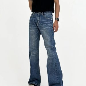 Men's High-Waisted Vintage Micro-Flare Jeans - Slim Fit, Casual American Retro Style, Whisker Detail, 90s Inspired Long Pants
