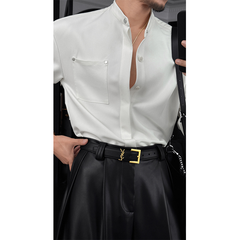 Men's Long Sleeve Stand Collar Shirt - 2024 Autumn Versatile Solid Color Top in Light Mature Style