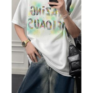 Men's Loose Fit Heavy Splash Ink Letter Print T-Shirt - Summer American Trendy Short Sleeve Top