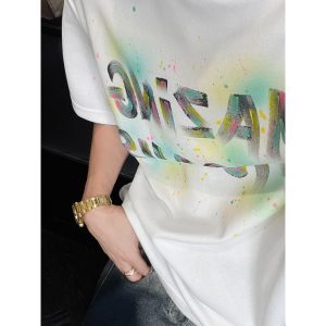 Men's Loose Fit Heavy Splash Ink Letter Print T-Shirt - Summer American Trendy Short Sleeve Top
