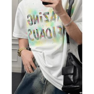 Men's Loose Fit Heavy Splash Ink Letter Print T-Shirt - Summer American Trendy Short Sleeve Top