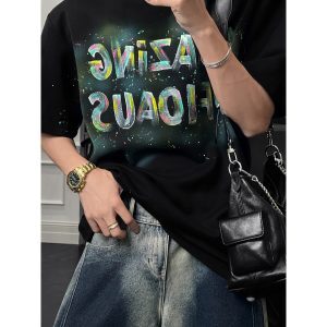 Men's Loose Fit Heavy Splash Ink Letter Print T-Shirt - Summer American Trendy Short Sleeve Top
