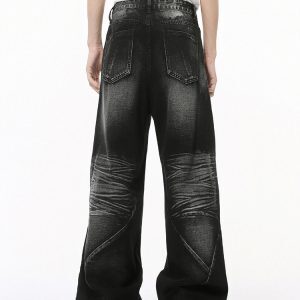 Men's Loose Straight Wide-Leg Denim Pants with Cat Whisker Wash and Three-Dimensional Cut, Spliced Design