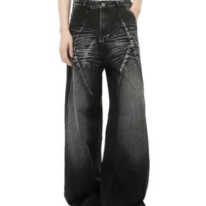 Men's Loose Straight Wide-Leg Denim Pants with Cat Whisker Wash and Three-Dimensional Cut, Spliced Design