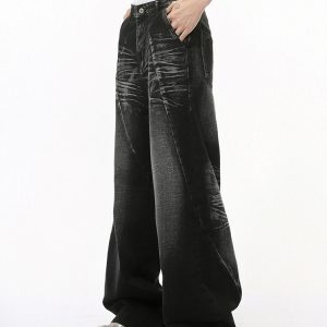 Men's Loose Straight Wide-Leg Denim Pants with Cat Whisker Wash and Three-Dimensional Cut, Spliced Design