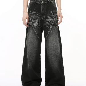 Men's Loose Straight Wide-Leg Denim Pants with Cat Whisker Wash and Three-Dimensional Cut, Spliced Design