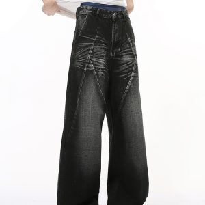 Men's Loose Straight Wide-Leg Denim Pants with Cat Whisker Wash and Three-Dimensional Cut, Spliced Design