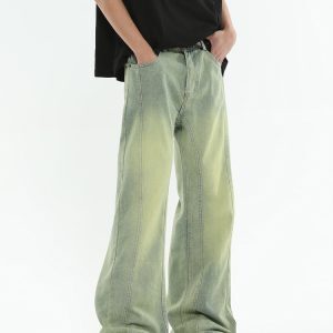 Men's Micro-Flare Jeans with Patchwork Design - Clean Fit, Straight Cut, Wide-Leg Pants for 90s Inspired High Street Style