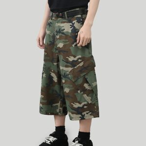 Men's Multi-Pocket Camouflage Denim Cargo Shorts - Loose Wide-Leg Straight Fit, American High Street Trendy Mid-Length Shorts