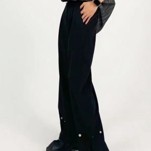 Men's Pure Black Loose Straight-Leg Pants with Metal Button Design - Casual Minimalist High-End Slimming Style