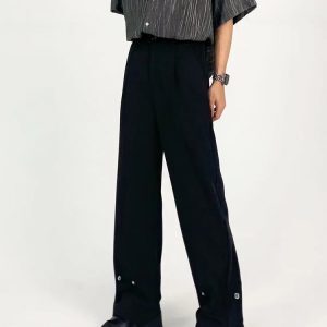 Men's Pure Black Loose Straight-Leg Pants with Metal Button Design - Casual Minimalist High-End Slimming Style