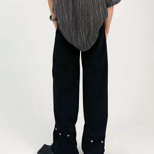 Men's Pure Black Loose Straight-Leg Pants with Metal Button Design - Casual Minimalist High-End Slimming Style