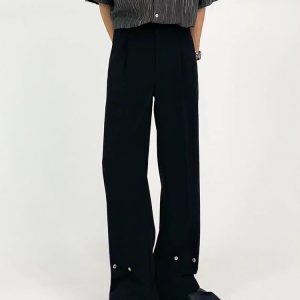 Men's Pure Black Loose Straight-Leg Pants with Metal Button Design - Casual Minimalist High-End Slimming Style