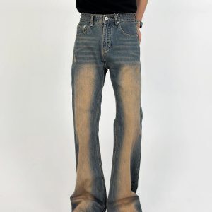 Men's Retro Gradient Design Micro-Flare Mid-Rise Loose Washed Denim Pants - Versatile American Style