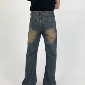 Men's Retro Gradient Design Micro-Flare Mid-Rise Loose Washed Denim Pants - Versatile American Style