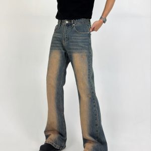 Men's Retro Gradient Design Micro-Flare Mid-Rise Loose Washed Denim Pants - Versatile American Style