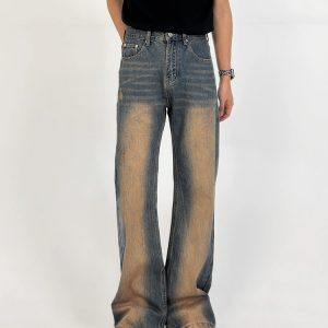 Men's Retro Gradient Design Micro-Flare Mid-Rise Loose Washed Denim Pants - Versatile American Style