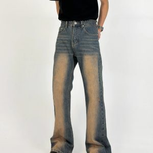 Men's Retro Gradient Design Micro-Flare Mid-Rise Loose Washed Denim Pants - Versatile American Style