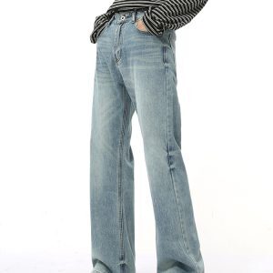 Men's Retro Washed Micro-Flare Jeans - Clean Fit High Street Style, Loose Straight Long Pants, Perfect for 90s and Y2K Fashion.