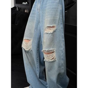 Men's Ripped Jeans - Loose Straight Casual Pants - American High Street Style - Trendy Summer Fashion