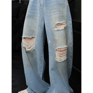 Men's Ripped Jeans - Loose Straight Casual Pants - American High Street Style - Trendy Summer Fashion