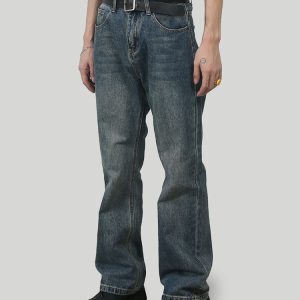 Men's Vintage Clean Fit Rust Blue Washed Micro Flare Jeans with Loose Elastic Waist for Slimming Y2K Style