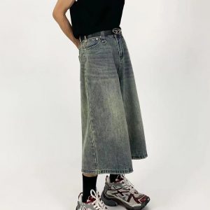 Men's Vintage Distressed Denim Shorts - Loose Straight Wide-Leg Cropped Pants for Summer - Versatile American Style