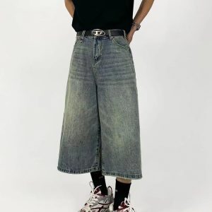 Men's Vintage Distressed Denim Shorts - Loose Straight Wide-Leg Cropped Pants for Summer - Versatile American Style