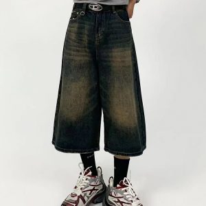 Men's Vintage Distressed Denim Shorts - Loose Straight Wide-Leg Cropped Pants for Summer - Versatile American Style