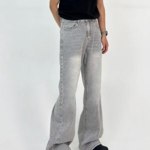 Men's Vintage Loose Straight Leg Ash Gray Jeans - Retro Washed Design, Clean Fit, 90s Inspired Fashion