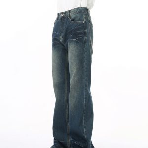 Men's Vintage Micro-Flare Jeans with Water Ripple Effect - American Retro Clean Fit, Slim-Fit Design, 90s Style
