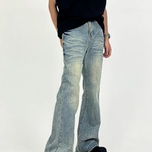 Men's Vintage Retro Flared Pants - American Style Washed Slim-Fit Long-Leg Jeans for a 90s Y2K Look