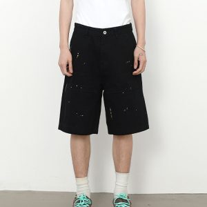 Men's Vintage Washed Distressed Denim Shorts - Casual Loose Fit Straight-Cut Mid-Length 90s Style Five-Point Summer Fashion