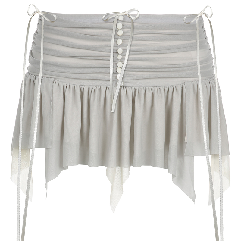 Mesh Spliced Pleated Tie Tassel Low Waist Mini Skirt - Y2K Style, Trendy Party Wear, Summer Fashion