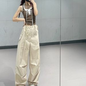Mild Summer Women's Dance Pants Set - Coffee Camisole & Apricot Quick-Dry Cargo Pants, Perfect for Y2K and Casual Style