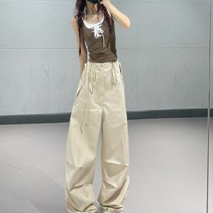 Mild Summer Women's Dance Pants Set - Coffee Camisole & Apricot Quick-Dry Cargo Pants, Perfect for Y2K and Casual Style