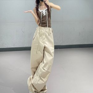 Mild Summer Women's Dance Pants Set - Coffee Camisole & Apricot Quick-Dry Cargo Pants, Perfect for Y2K and Casual Style