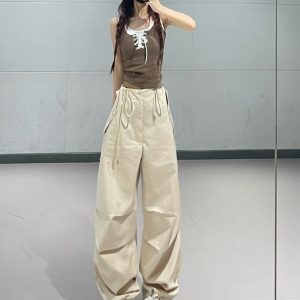 Mild Summer Women's Dance Pants Set - Coffee Camisole & Apricot Quick-Dry Cargo Pants, Perfect for Y2K and Casual Style