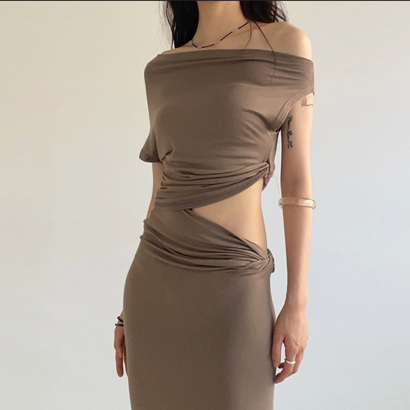 Millennial Spicy Girl Solid Color Pleated Waist Asymmetrical Shoulder T-Shirt & Elegant Bodycon Long Skirt Set - Versatile Slim Fit
