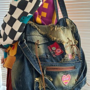 Millennial Vintage Large-Capacity Denim Bag for Students - Versatile Wasteland Style Commuter Tote for Women