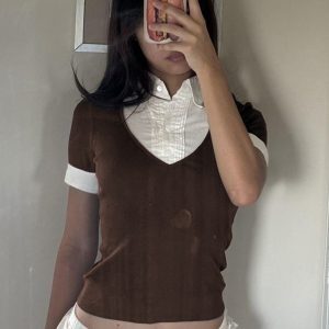 Minimalist Casual Color-Blocking Faux Two-Piece Polo Collar Top for Women - Ribbed Knitted Slim-Fit Short Top, Y2K Style