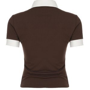 Minimalist Casual Color-Blocking Faux Two-Piece Polo Collar Top for Women - Ribbed Knitted Slim-Fit Short Top, Y2K Style