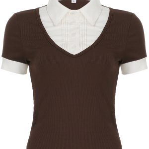Minimalist Casual Color-Blocking Faux Two-Piece Polo Collar Top for Women - Ribbed Knitted Slim-Fit Short Top, Y2K Style