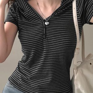 Minimalist Casual Striped Button Hooded T-Shirt for Women - Loose Fit Short Sleeve Top - Versatile Everyday Wear