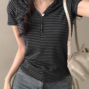 Minimalist Casual Striped Button Hooded T-Shirt for Women - Loose Fit Short Sleeve Top - Versatile Everyday Wear