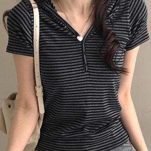 Minimalist Casual Striped Button Hooded T-Shirt for Women - Loose Fit Short Sleeve Top - Versatile Everyday Wear