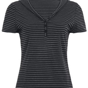 Minimalist Casual Striped Button Hooded T-Shirt for Women - Loose Fit Short Sleeve Top - Versatile Everyday Wear