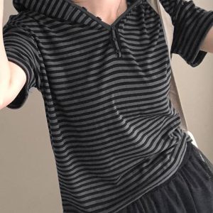 Minimalist Casual Striped Button Hooded T-Shirt for Women - Loose Fit Short Sleeve Top - Versatile Everyday Wear