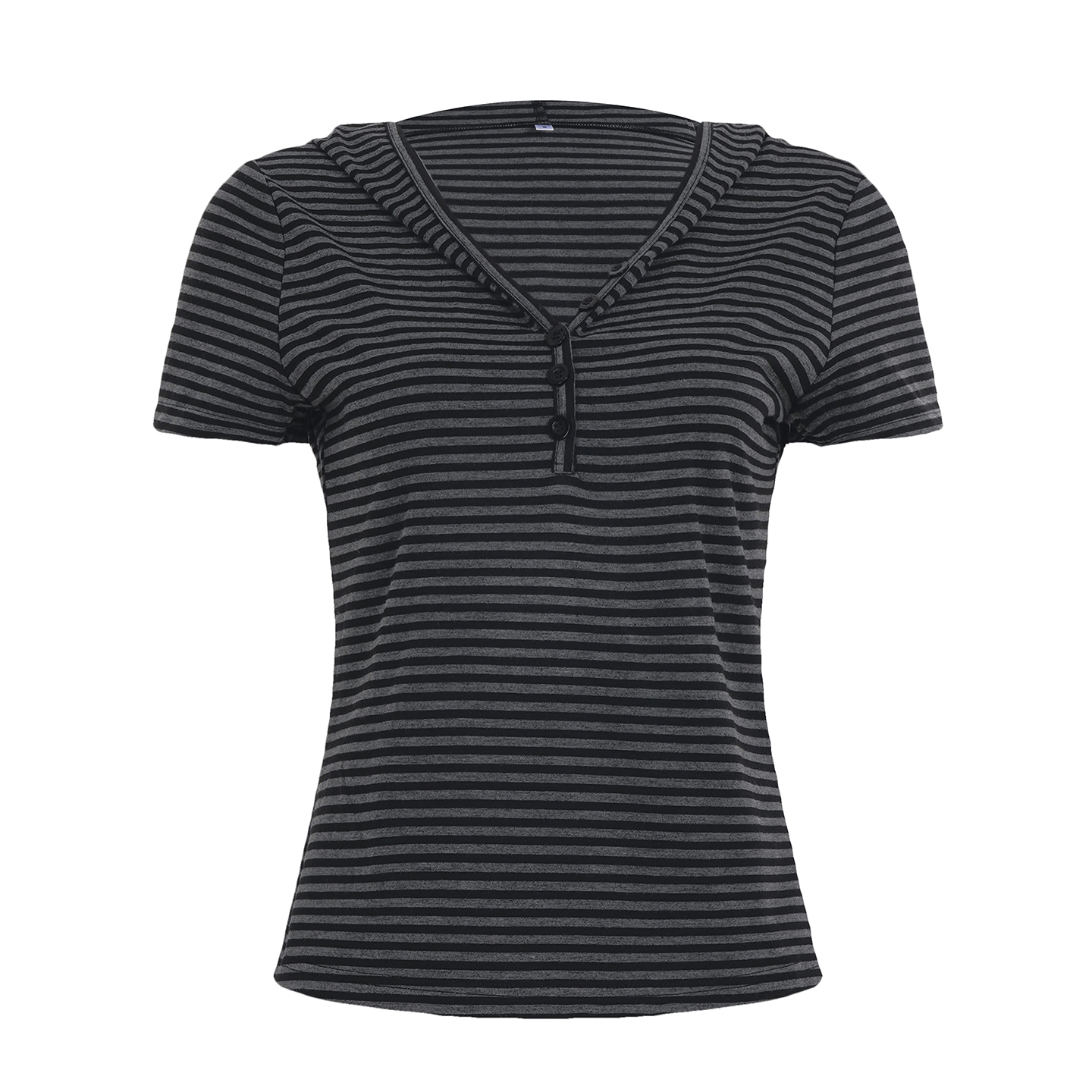 Minimalist Casual Striped Button Hooded T-Shirt for Women - Loose Fit Short Sleeve Top - Versatile Everyday Wear